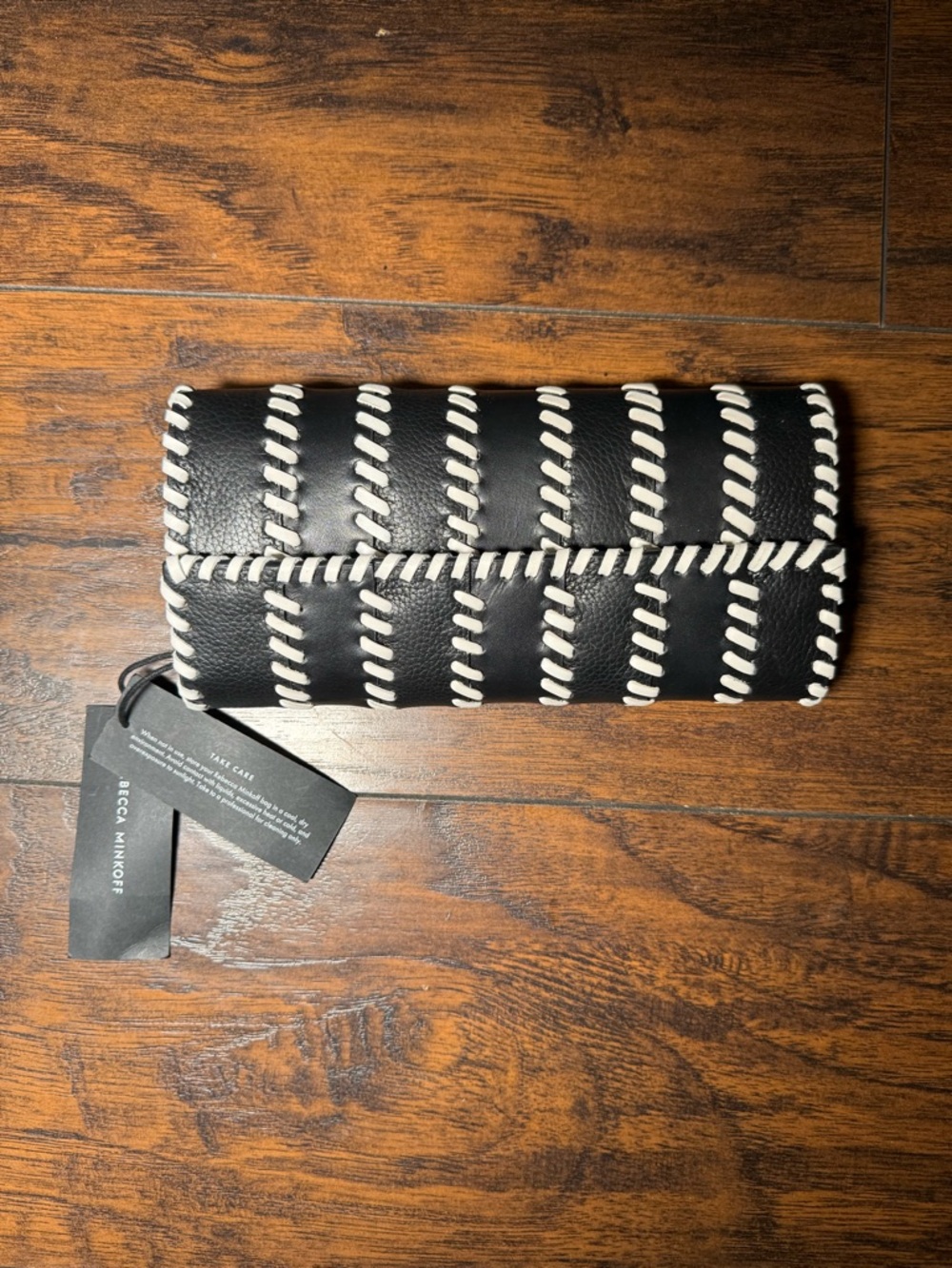 Rebecca Minkoff Black Leather Clutch with White Whipstitch Trim